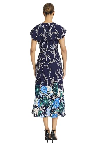Image of Maggy London Women's Women's Floral Print Flutter Sleeve High Neck A-line - Elegant Midi Cocktail Dress