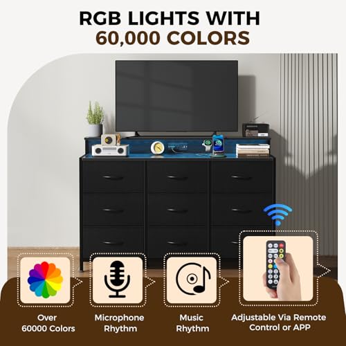 Image of NEWBULIG Wooden Top Media Console for 32-52 inch Dresser TV Stand with 9 Fabric Drawers & Open Shelves, Entertainment Center with LED Lights & Charging Station for Bedroom, Black