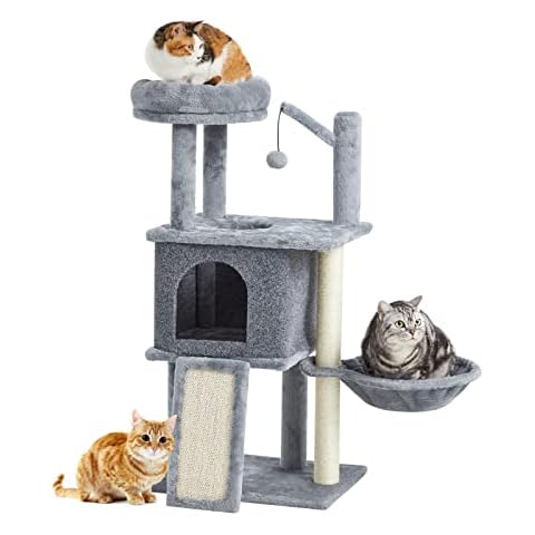 TSCOMON 36.6" Multi-Level Cat Tree Cat Tower for Indoor Cats, Plush Perch with Cat Condos and Scratching Posts with Hammock Basket and Hanging Ball, Grey Cover