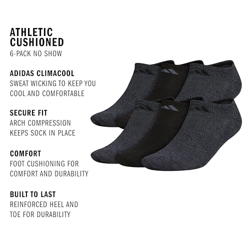 adidas Men's Athletic Cushioned 6-Pack No Show, Socks for Men