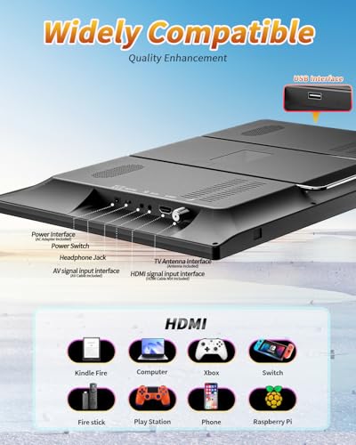 DESOBRY 19-Zoll Fernseher, 1080P Kleiner Fernseher DVB-T2-Tuner mit Antenne, Wiederaufladbarer TV HDMI AV USB Eingang, Tragbarer 12V TV für Camping, Wohnmobil, küchen