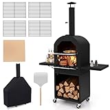 SPOTRAVEL Wood Fired Pizza Oven, Outdoor Pizza Maker with Removable Ash Tray, Storage Shelf & Pizza Stone, Multi-Fuel BBQ Cooker for Garden Patio (with Side Storage Shelves, 116 x 44 x 170cm)