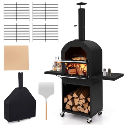 SPOTRAVEL Wood Fired Pizza Oven, Outdoor Pizza Maker with Removable Ash Tray, Storage Shelf & Pizza Stone, Multi-Fuel BBQ Cooker for Garden Patio (with Side Storage Shelves, 116 x 44 x 170cm)