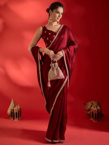 Image of AKHILAM Women's Shimmer Pure Georgette Embroidered Ready To Wear one Minute Saree With Unstitched Blouse Piece