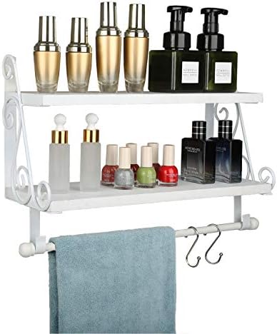 Halcent Floating Shelves Wall Storage Shelf with 8 Hooks, 2-Tier Wood Shelves Kitchen Spice Rack Bathroom Shelves with Towel Bar for Pantry Living Room Bedroom Entryway