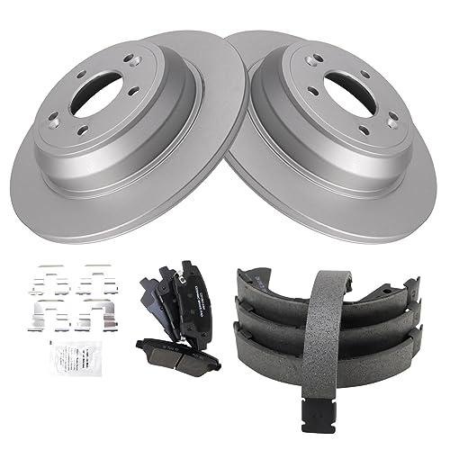 Image of TRQ Rear Brake Pad and Rotor Set Ceramic G Coated Rotors Parking Brake Shoe Compatible with 2016-2017 Kia K900