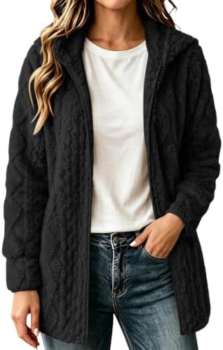 Teddyjacke Damen Einfarbig Langarm Hoodie Teddy Fleece Mantel mit Kapuze | Winter Warm Sweatshirt Flauschig Plüschjacke Oversize Fleecejacke Mittellanges Dicker Wintermantel Bequem