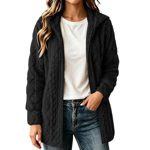 Womens Fleece Hooded Jacket Long Sleeve Open Front Cardigan Thick Warm Coat