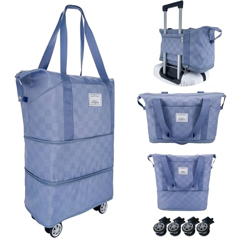 Drvoon Blue Checkerboard Foldable Duffel Bag with Wheels