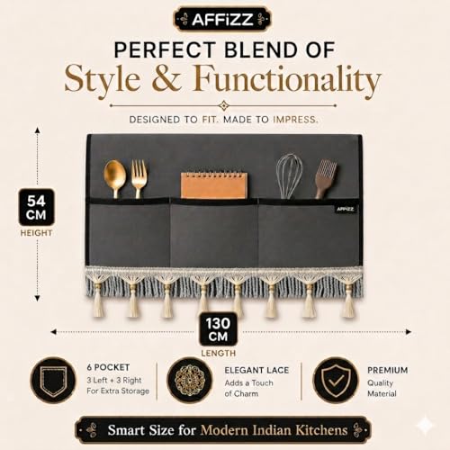 Image of Premium Decorative Refrigerator Cover with Tassel Lace & 6 Side Pockets | Waterproof, Dustproof & Washable Polyester Fridge Top Protector | Kitchen Organizer | 130 x 54 cm | Dark Grey