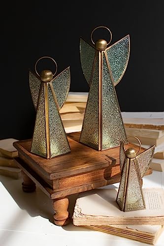 SET OF THREE ANTIQUE BRASS AND GLASS CHRISTMAS ANGELS