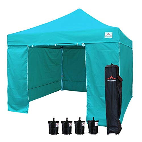 UNIQUECANOPY 10'x10' Pop Up Canopy Tent Commercial Instant Shelter, with 4 Removable Zippered Side Walls and Heavy Duty Roller Bag, 4 Sand Bags Lake Blue