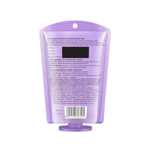 Image of L'Oreal Paris Hyaluron Moisture 72H Moisture Filling Shampoo, With Hyaluronic Acid, For Dry & Dehydrated Hair, Adds Shine & Bounce, 25ml