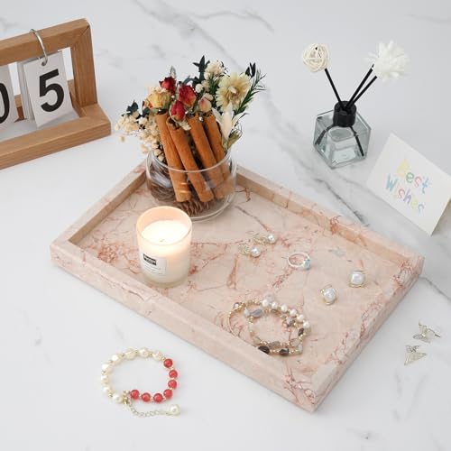 Image of Marble Bathroom Tray,Pure Natural Vanity Tray,Marble Trays for Kitchen Counter Non-Ceramic /Non-Resin,Stone Tray 12 x 8 inch (Pink)