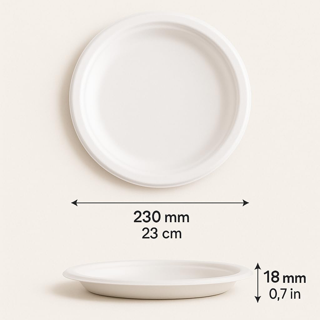 [23cm - 1000 pezzi] Piatti TONDI piani biodegradabili compostabili ecologici in bagassa - usa e getta, resistenti e riciclabili, ideali per feste, catering, eventi