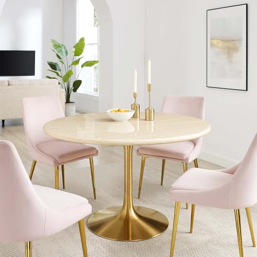 Image of Modway Lippa 48 inch Round Artificial Dining Table with Tapered, Metal Base, Gold Travertine