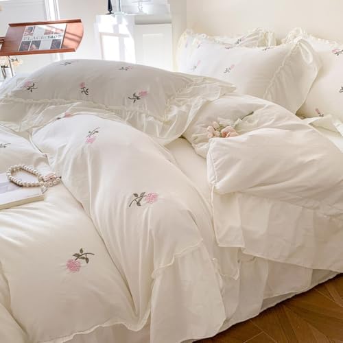 Housse de couette blanc volants chic et finitions brodées en microfibre premium - 4