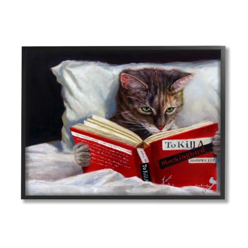 'Cat Reading a Book in Bed Funny Painting'| Framed Giclee Art