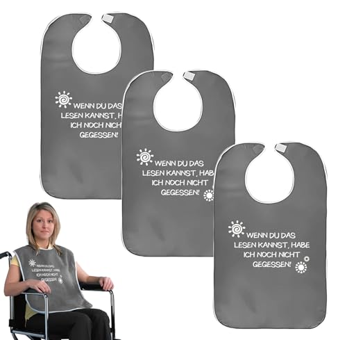 LANZLC Lätzchen für Erwachsene, 3 Stück Latz für Erwachsene Mehrweg Waschbar, Lustig Schlabberlatz für Senioren mit Klettverschluss, “WENN DU DAS LESEN KANNST, HABE ICH NOCH NICHT GEGESSEN” (Grau)