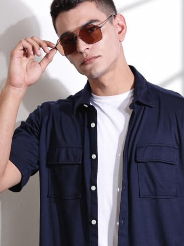 Image of Thomas Scott Men's | Solid | Half Sleeve | Slim Fit | Cotton Blend | Double Flap Pocket | Spread Collar | Casual Shirt