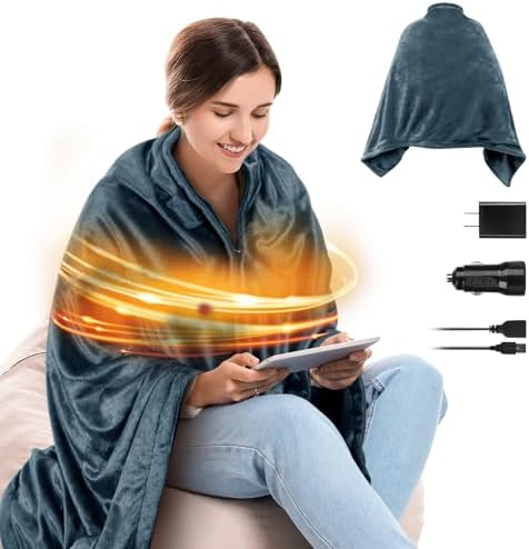 USB Heated Blanket, Heated Blanket Battery Powered, Wearable Heated Shawl Wraps for Office, Electric Heating Lap Blanket Throw with Car Charger, Blue (Battery is Not Included)