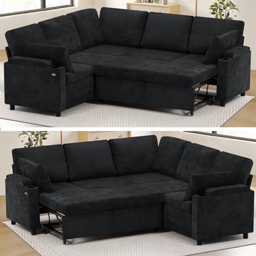Image of 85 inch Chenille Sectional Sofa w /Pull Out Bed & Storage Space, Black | Upholstery L Shaped Couch w /Cup Holders, Modern Corner Sofa w /USB Charging Port & Throw Pillow for Living Room