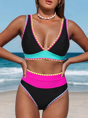 Image of Hilinker Women's Leopard Bikini Swimsuits V Neck High Waisted 2 Piece Bathing Suits