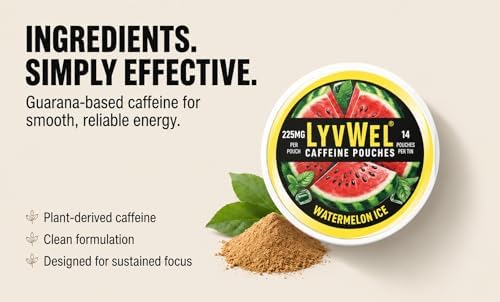 Image of LyvWel 225mg Caffeine Pouches, Guarana-Powered Energy Pouches, Nootropic Pouches, Nicotine Free Pouches & Tobacco-Free (5 Pack, Pink Lemonade)