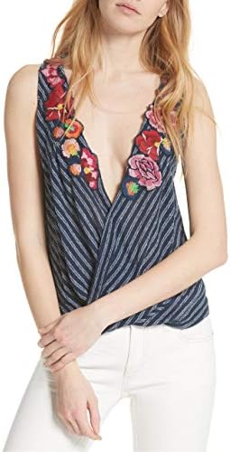Free People Womens Frida Embroidered Faux-Wrap Tank Top Navy S
