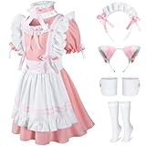 Kids French Maid Costume Maid Apron Fancy Dress Halloween Outfit Cosplay Costume Accessories Set(PK 130) Pink