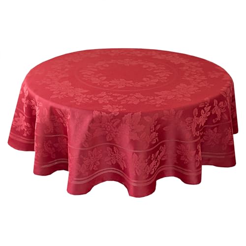 Image of Benson Mills Holiday Elegance Heavyweight Engineered Jacquard Fabric Table Cloth, Holiday, Winter and Christmas Tablecloth (Dark Red, 70 inch Round)