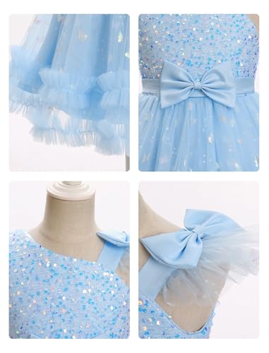 IMEKIS Toddler Baby Girls Pageant Dress Shiny Bow Asymmetric Shoulder Formal Birthday Party Tiered Tulle Gowns 1-8T4