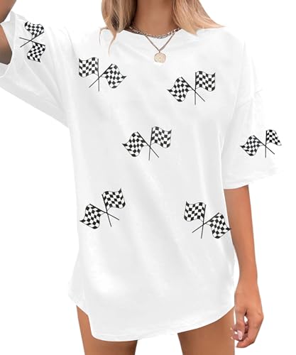 Oversized Racing Shirt Women Start Your Engines Shirts Race Day Checkered Flag Tee Casual Unisex Short Sleeve Tops