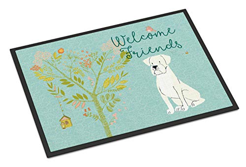 Caroline's Treasures BB7580MAT Welcome Friends White Boxer Doormat 18x27 Front Door Mat Indoor Outdoor Rugs for Entryway, Non Slip Washable Low Pile, 18H X 27W