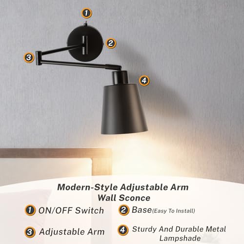 Image of OSYNNIQ Wall Sconce Light with Adjustable Swing Arm for Bedside Reading | Wall Lamp, Modern, Industrial, Lighting Fixture, Black, Hardwired, for Bedroom /Living Room /Indoor, E26 Bulb Included