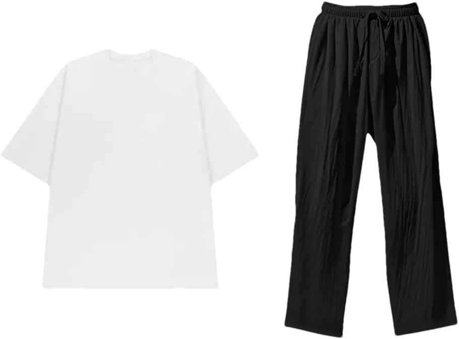 Men's Cotton and Linen Short-Sleeved Trousers Suit Large-Size