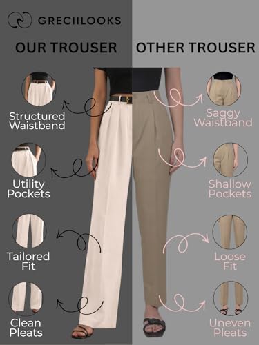 Image of GRECIILOOKS Trousers for Woman | Womens High Rise High Waist Flared Korean Style | Formal Pant for Women Office Wear| Track Pants for Womans Elegant for College & Events (Available in Plus Size)