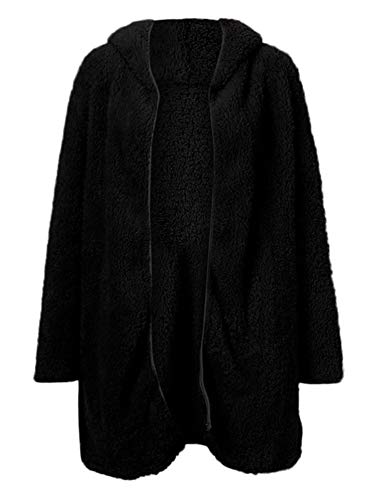 Soluo Womens Long Sleeve Fuzzy Fleece Open Front Hooded Cardigans Jacket Warm Loose Sherpa Coat Outwear with Pockets (Black,Large)