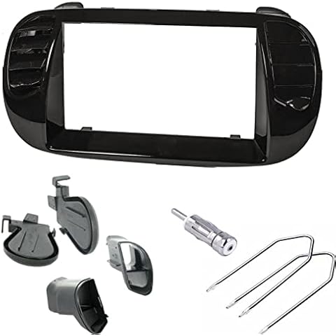 Sound Way Double DIN Car Radio, 2 DIN Front Panel Frame, Air Vents, Antenna Adapter, Release Keys, compatible con Fiat 500 (2007-2015), Glossy Black Cover