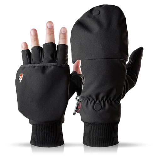 Heat 2 Fingerlose Handschuhe und Fäustlinge Kombination warme Winterhandschuhe gegen den Wind und Kälte im Winter Sporthandschuhe Fahrradhandschuhe Damen Herren schwarz Medium