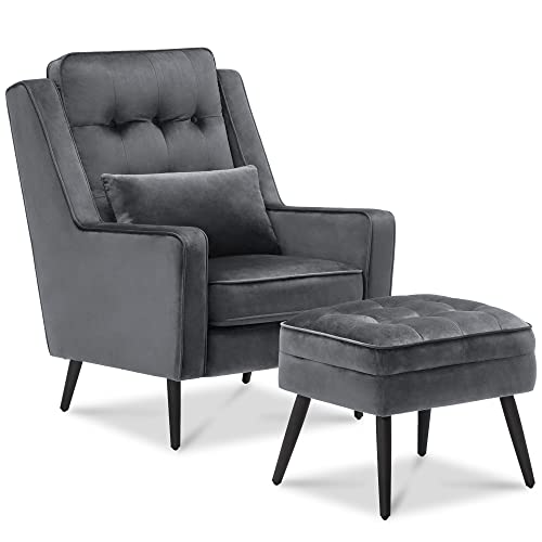 MCombo Velvet Accent Chair with Ottoman, Modern Armchair for Small Space, Living Room, Office Reception, Fabric 4278 (Dark Grey)
