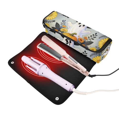 Bolsa de viaje para herramientas de cabello para mujer con almohadilla resistente al calor, portátil para plancha y accesorios de cuidado capilar, accesorios de Halloween con fantasmas, sombrero de bruja y calabaza miniatura 2