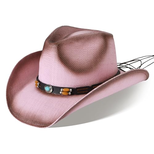 Cowboy Hats for Women & Men Brown Straw Cowboy Hat Wide Brim Western Cowgirl Hats Summer Sun Hat (US Alpha Medium Pink 01)
