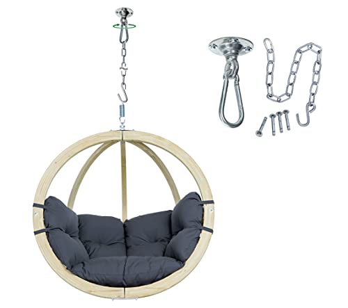 AMAZONAS Globo Chair Set - FSC-zertifizierter Premium Hängesessel mit Wetterfestem Kissen & Power Hook Deckenhaken | In- und Outdoor | Belastbar bis 120 kg (Anthracite)