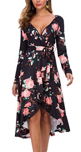 Kormei Women Long Sleeve V Neck Floral High Low Flowy Party Long Maxi Dress with Belt M Black