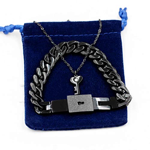 Uloveido Titanium Steel Key Pendant Necklace and Square Lock Bangle Bracelet Set for Couples Valetines Gifts 6