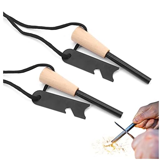 Beowanzk Juego de 2 Pedernal,Pedernal Supervivencia Profesional,Chisquero de Magnesio con Mango de Madera Hecho a Mano, 20.000 Chispas de Spray,Encendedor Supervivencia
