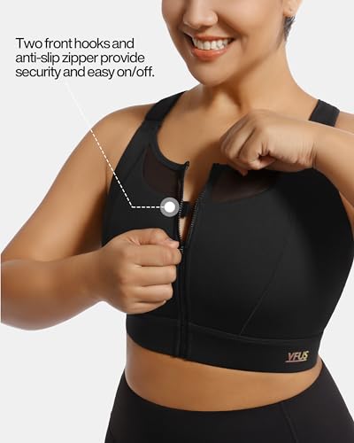 Image of Adjustable High Impact Sports Bra Zip Front Sexy Mesh Racerback Workout No Bounce Compression Bras for Women Plus Size