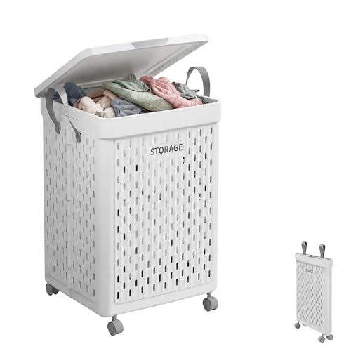 Cesto para Ropa Sucia con Ruedas y Tapa. Cesta Plegable para Colada y Lavanderia con Asas. Ideal para Baño, Dormitorio y Lavadero. (55x37x37 cm)