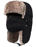 Buauty Men's Warm Winter Trapper Hat with Removable Face Mask Faux Fur Hunting Outdoor Hat with Earflaps Black